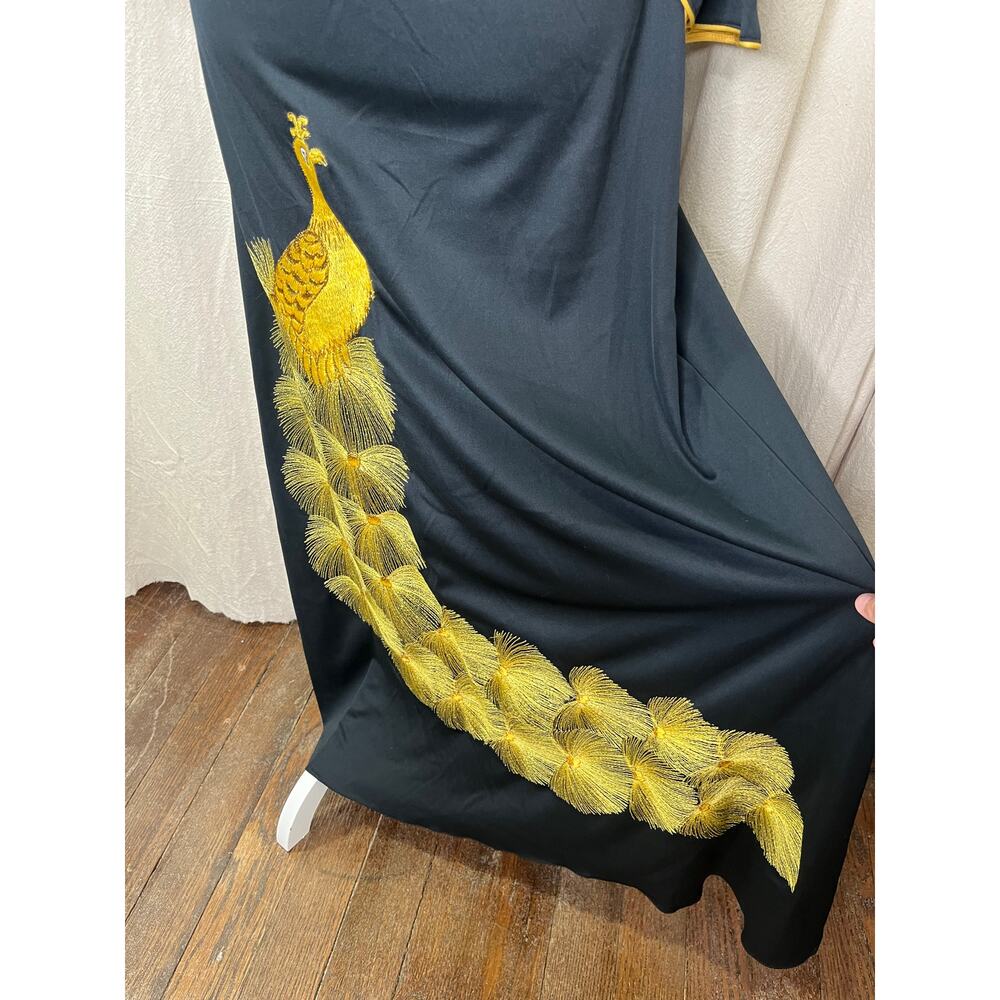 1960s Handmade Black Gold Thread Oriental Peacock Bird Mod Asian Maxi Dress M - Picture 2 of 14